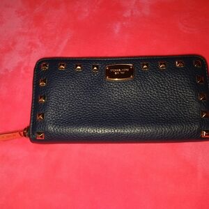 Michael Kors Navy Pebbled Leather Studded Wallet Gold Hardware
